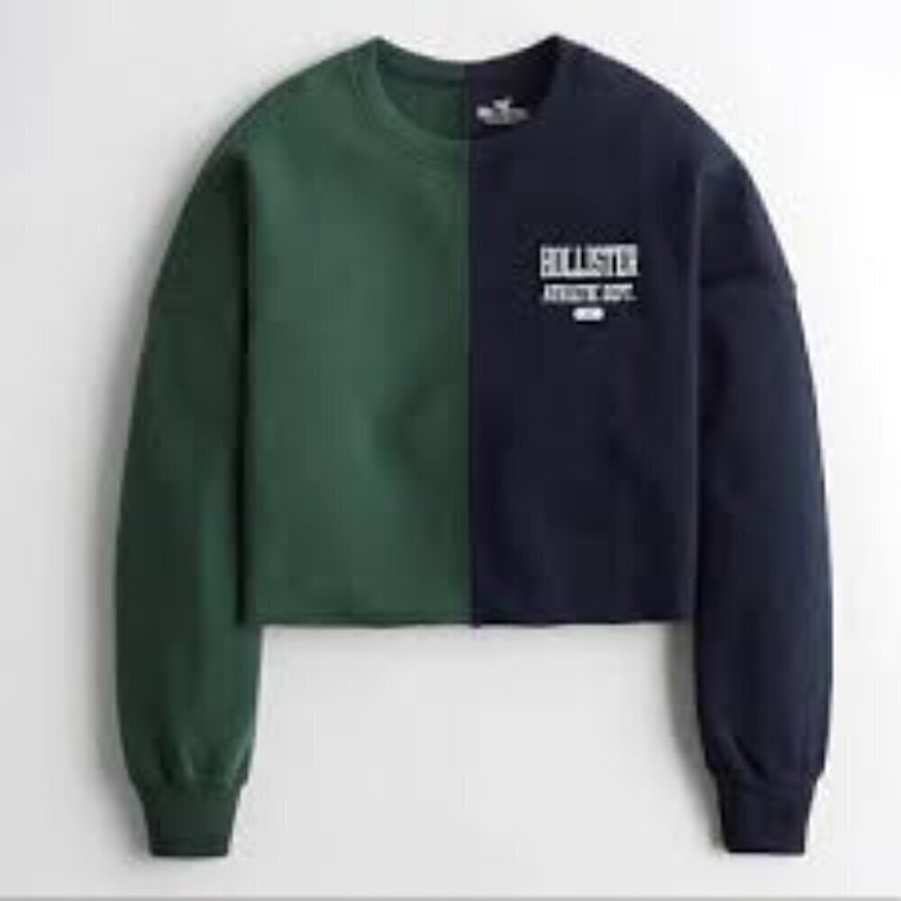 Hollister Women's Navy & Green Cropped Sweatshirt M Colorblock Fleece Lined